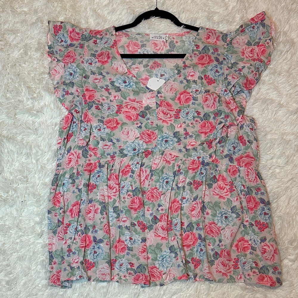 Floral V-Neck Flutter Sleeve Peplum Top - Pink Multi